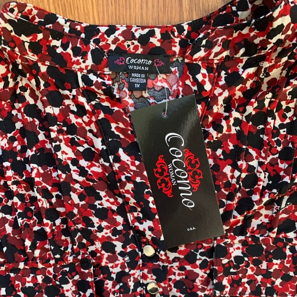 COCOMO 1X Red Black 3/4 sleeve Plus Size women's Pintuck Blouse tunic - Picture 10 of 14